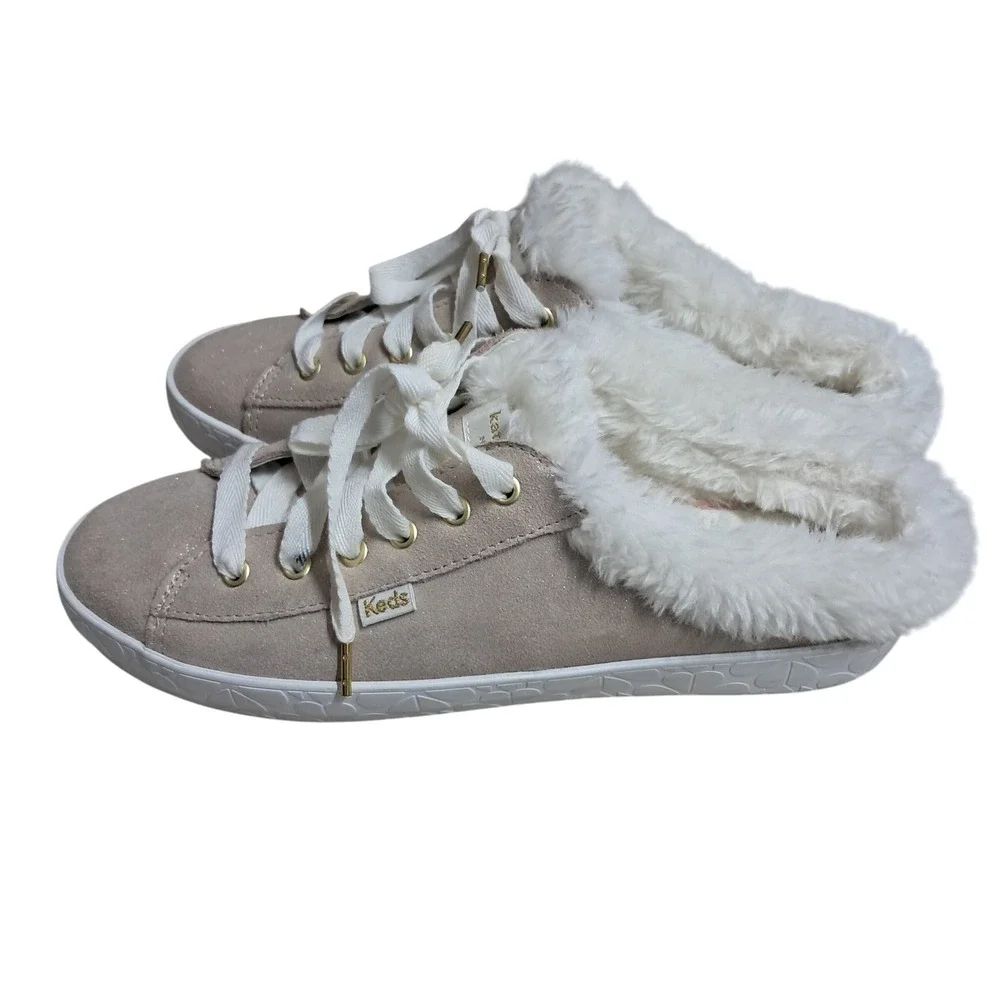 Kate Spade Keds Shoes Womens 8 Rose Gold Glitter Kickstart Mule Faux Fur Sneaker